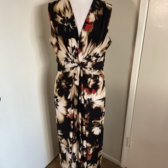 Anne Klein Black Cream Floral Maxi Dress L Large Sleeveless Event Wedding - Picture 5 of 12
